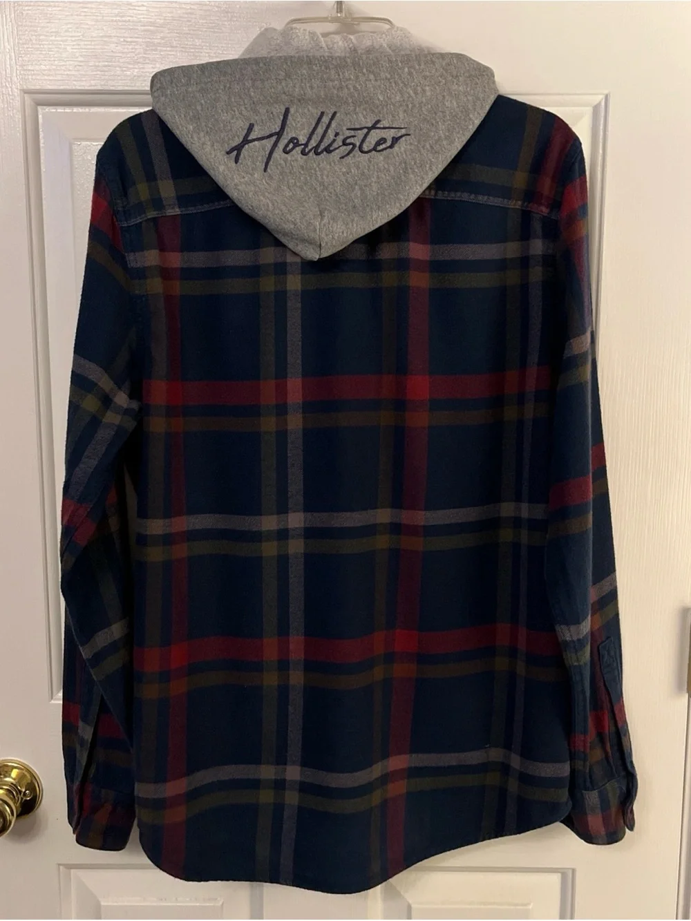 Hollister Hooded Button Up Shirt Jacket Men Navy Plaid Y2K Shacket Gray Hood Med